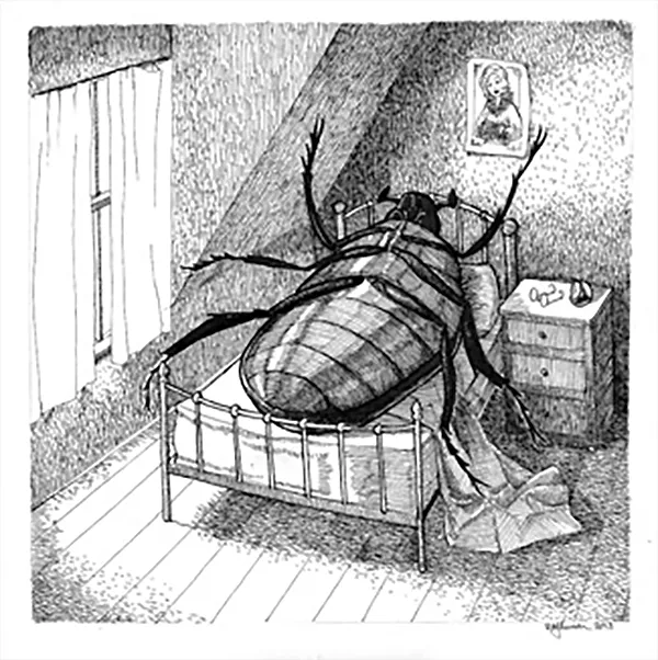 En skalbagge som ligger på rygg i en säng. Illustration.