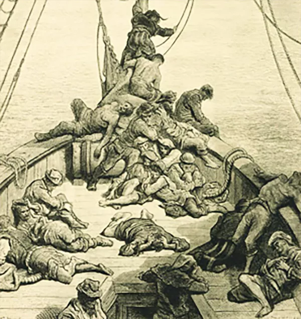 Fullt av folk ligger i fören på en båt. Illustration.