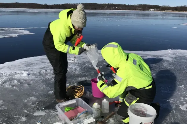 Två vinterkläda personer på en isklädd insjöholme tar vattenprover. Foto.