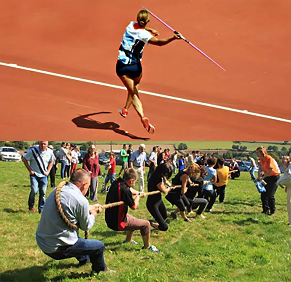 En person kastar spjut, flera personer drar i ett rep. Fotokollage.